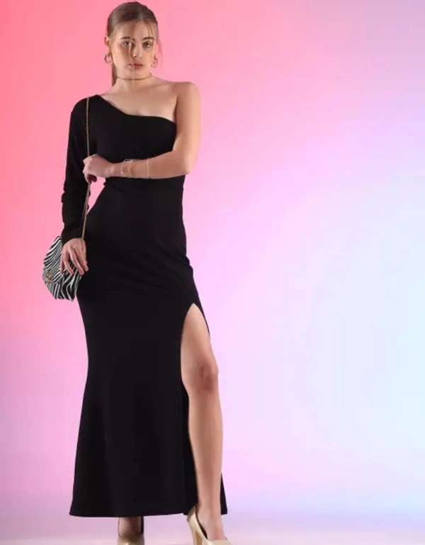 Neha Collection  Women's Polyester Solid Casual Midi Bodycon Dress - Black, S
