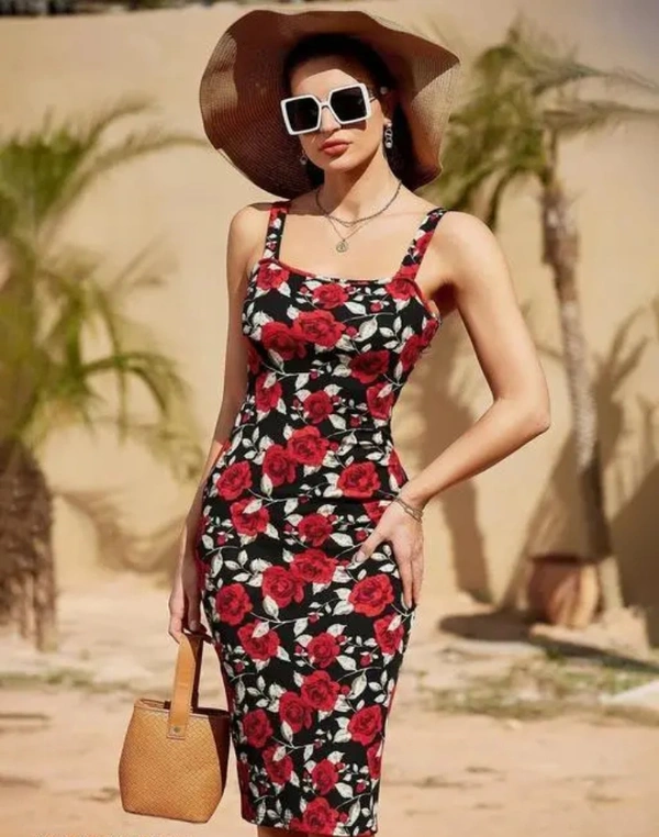 Neha Collection Women Bodycon Floral Print Midi Dress - Red, XS