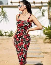 Neha Collection Women Bodycon Floral Print Midi Dress - Red, XS