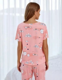 Neha Collection Smowkly's Round Neck Short Sleeve Cartoon Printed Pyjama Sets For Women - Pink, S