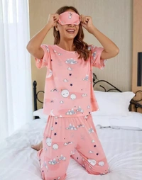 Neha Collection Smowkly's Round Neck Short Sleeve Cartoon Printed Pyjama Sets For Women - Pink, S