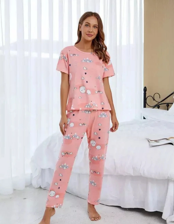 Neha Collection Smowkly's Round Neck Short Sleeve Cartoon Printed Pyjama Sets For Women - Pink, L