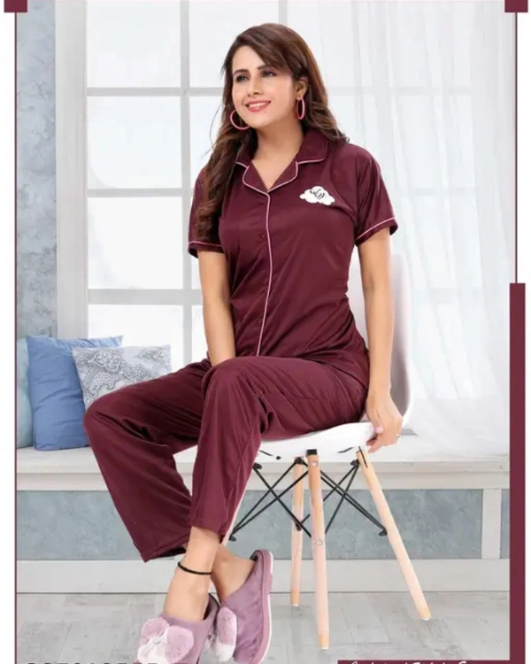 Neha Collection Women's Collared Nightsuit - Maroon, XL