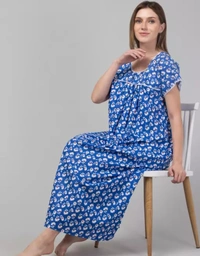 Neha Collection Cotton Night Dress Nighty - Blue, Free Size