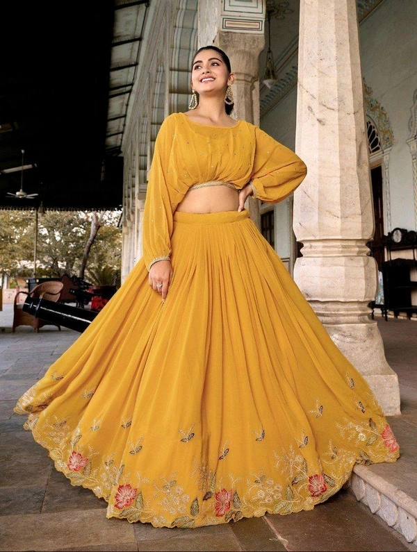 Yellow Embroidered Georgette Haldi Wear Crop Top Lehenga - Yellow, XS