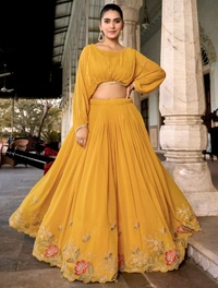 Yellow Embroidered Georgette Haldi Wear Crop Top Lehenga - Yellow, XL