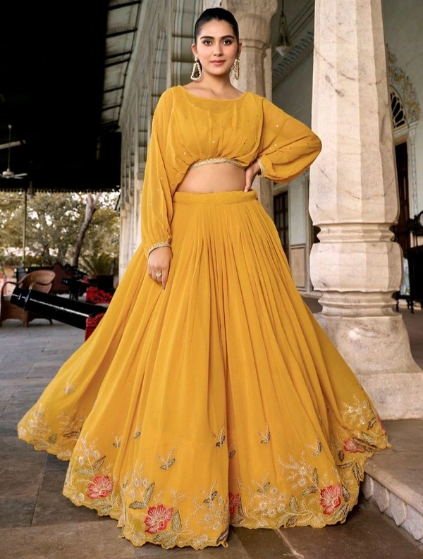 Yellow Embroidered Georgette Haldi Wear Crop Top Lehenga - Yellow, XL