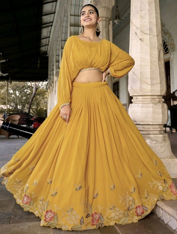Yellow Embroidered Georgette Haldi Wear Crop Top Lehenga - Yellow, XL