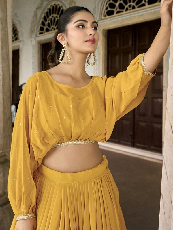 Yellow Embroidered Georgette Haldi Wear Crop Top Lehenga - Yellow, XL