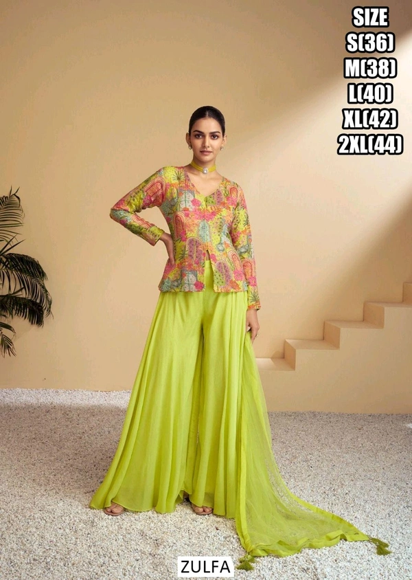 Zulfa 3-Piece Embroidered Fusion Wear - Elegant & Ready to Wear - Green Yellow, XL