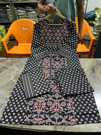 Pihu Fashion  Kalamkari Fusion Azrak Bagru Print Kurti Pant Dupatta Set with Handcrafted Patra Work  - XXL