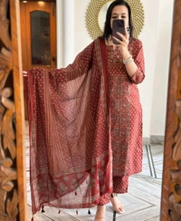 Pihu Fashion  Kalamkari Fusion Azrak Bagru Print Kurti Pant Dupatta Set with Handcrafted Patra Work  - M