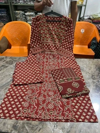 Pihu Fashion  Kalamkari Fusion Azrak Bagru Print Kurti Pant Dupatta Set with Handcrafted Patra Work  - M