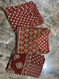 Pihu Fashion  Kalamkari Fusion Azrak Bagru Print Kurti Pant Dupatta Set with Handcrafted Patra Work  - M