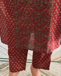 Pihu Fashion  Kalamkari Fusion Azrak Bagru Print Kurti Pant Dupatta Set with Handcrafted Patra Work  - XL
