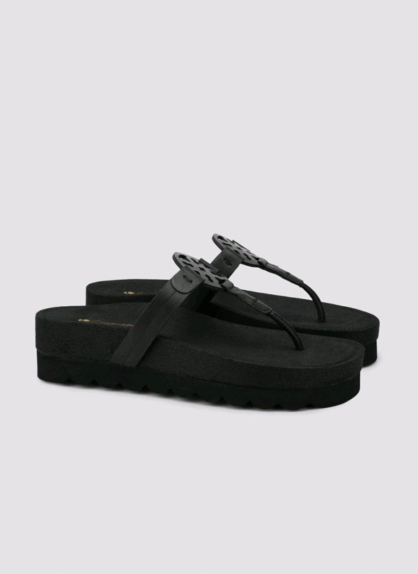 Women’s Black Platform Flip-Flop Sandals with Floral Detail - Ind8