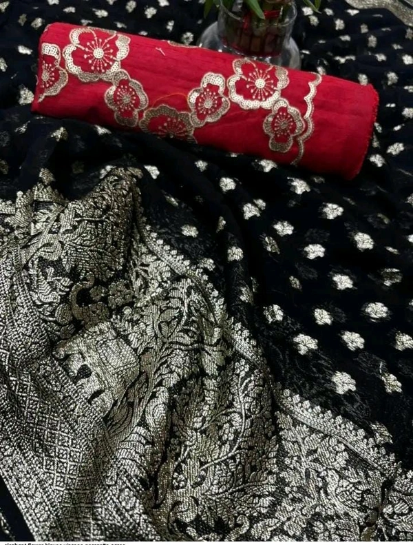Designer Black Banarasi Silk Saree with Red Floral Embroidered Blouse
