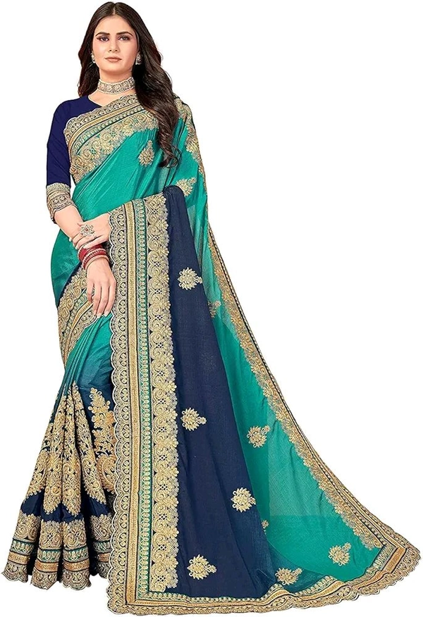 Teal & Navy Blue Embroidered Traditional Saree with Blouse