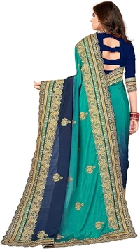 Teal & Navy Blue Embroidered Traditional Saree with Blouse