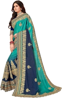 Teal & Navy Blue Embroidered Traditional Saree with Blouse