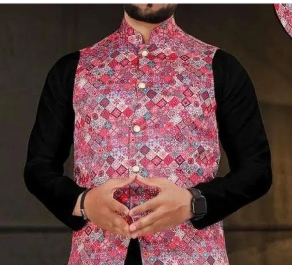 Neha Collection Men's Fancy Traditional Printed Jacket - Pink, XXL
