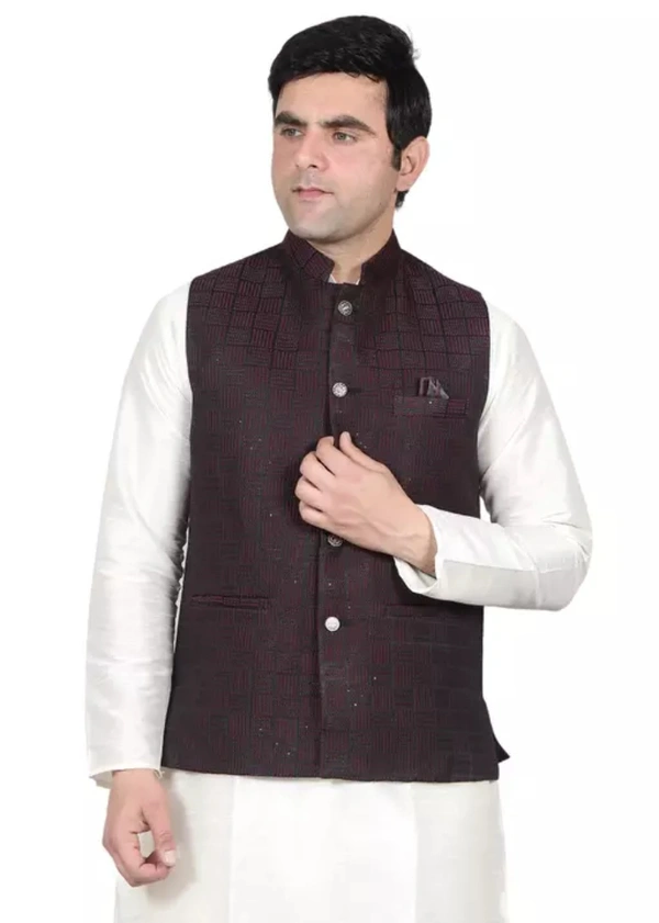 Neha Collection Men's Jacquard Nehru Jacket With Pocket Square - Brown, M