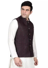 Neha Collection Men's Jacquard Nehru Jacket With Pocket Square - Brown, M