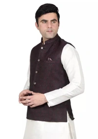Neha Collection Men's Jacquard Nehru Jacket With Pocket Square - Brown, M