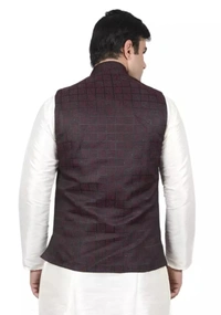 Neha Collection Men's Jacquard Nehru Jacket With Pocket Square - Brown, M