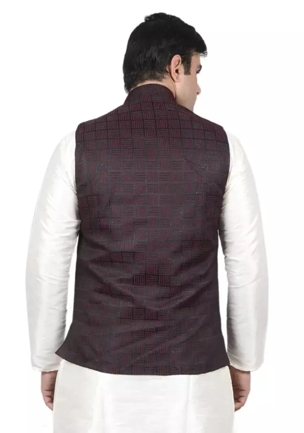Neha Collection Men's Jacquard Nehru Jacket With Pocket Square - Brown, M