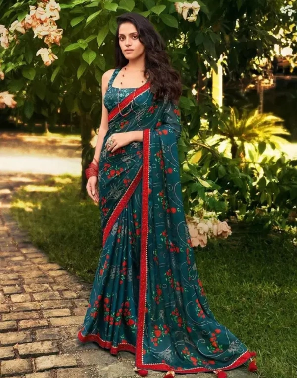 Neha Collection Women's Green Foil Printed Chiffon Saree - Green, Free Size
