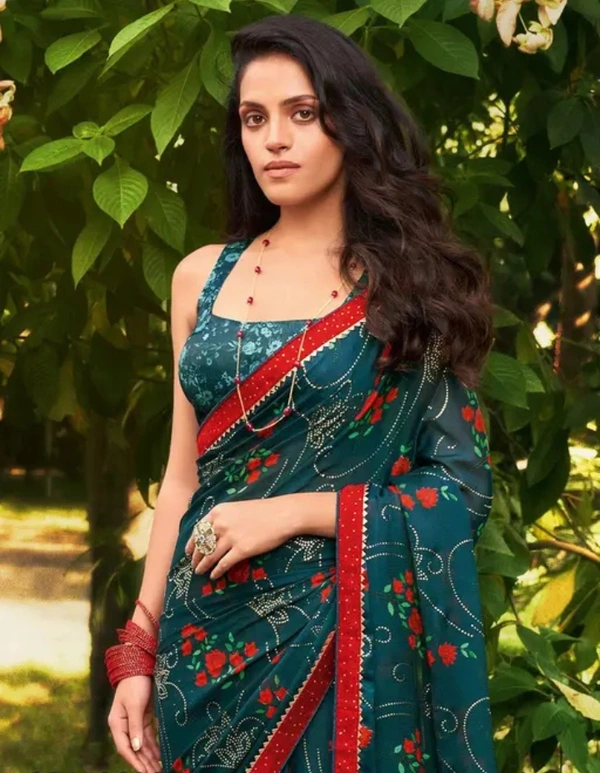 Neha Collection Women's Green Foil Printed Chiffon Saree - Green, Free Size