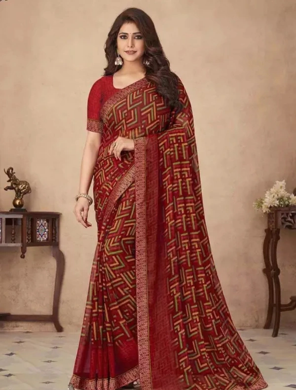 Neha Collection Women's Chiffon Printed Saree With Lace And With Unstitched Blouse Piece - Maroon, Free Size