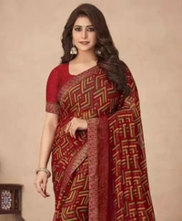 Neha Collection Women's Chiffon Printed Saree With Lace And With Unstitched Blouse Piece - Maroon, Free Size