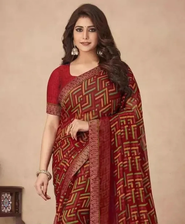 Neha Collection Women's Chiffon Printed Saree With Lace And With Unstitched Blouse Piece - Maroon, Free Size
