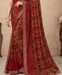 Neha Collection Women's Chiffon Printed Saree With Lace And With Unstitched Blouse Piece - Maroon, Free Size