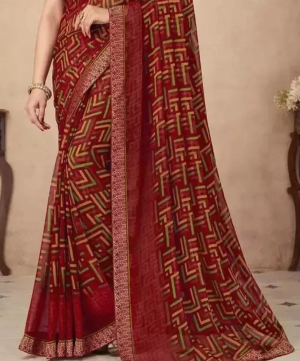 Neha Collection Women's Chiffon Printed Saree With Lace And With Unstitched Blouse Piece - Maroon, Free Size