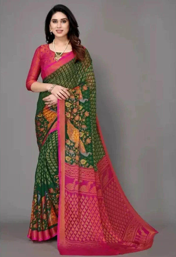 Neha Collection Women's Beautiful Chiffon Brasso Saree - Forest Green, Free Size