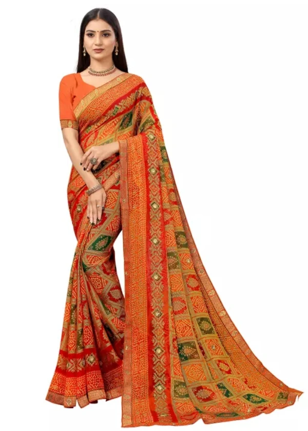 Neha Collection Women's Premium Quality Chifoon Brasso Printed Orange Saree And Plain Blouse - Orange, Free Size
