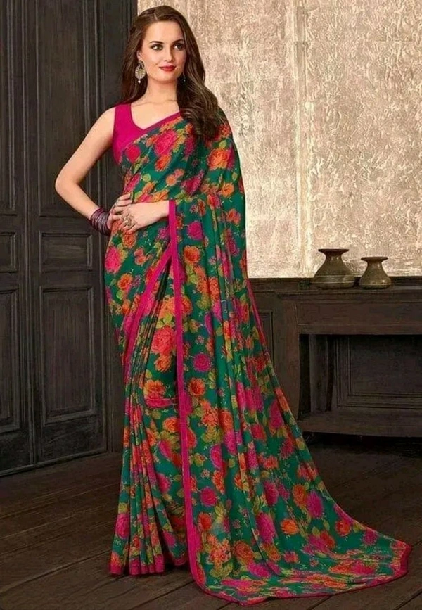Neha Collection  Glamorous Georgette Saree with Blouse piece - Pink Flamingo