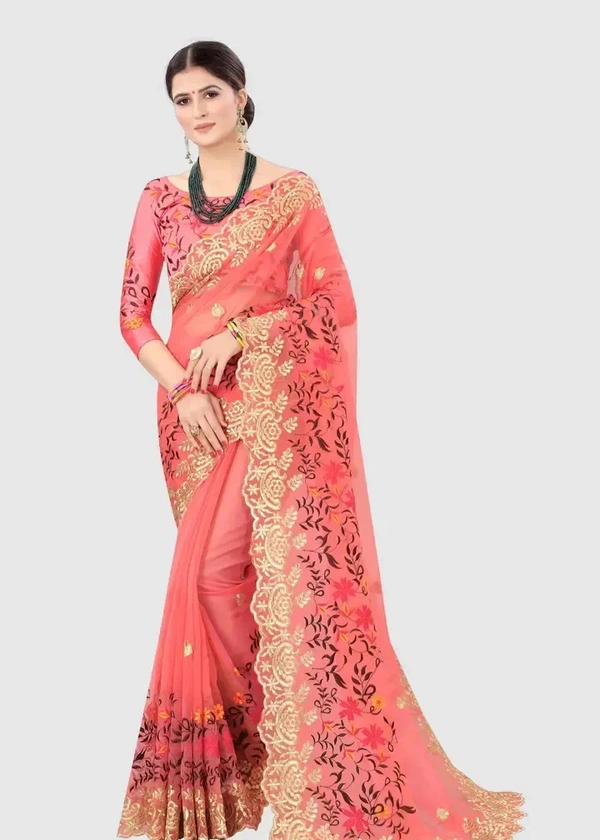 Neha Collection Organza Embroidered Sarees with Blouse Piece - Peach