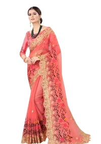 Neha Collection Organza Embroidered Sarees with Blouse Piece - Peach