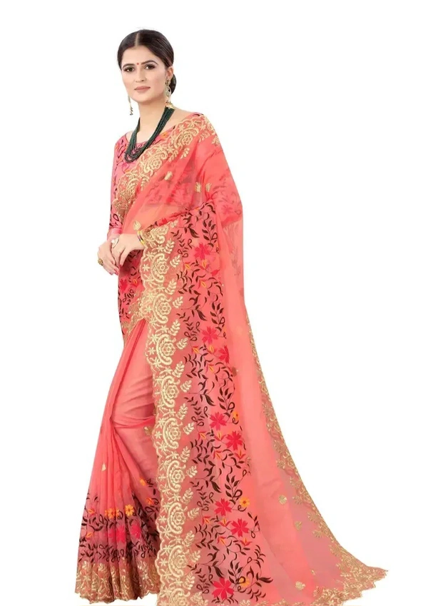 Neha Collection Organza Embroidered Sarees with Blouse Piece - Peach