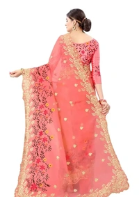 Neha Collection Organza Embroidered Sarees with Blouse Piece - Peach