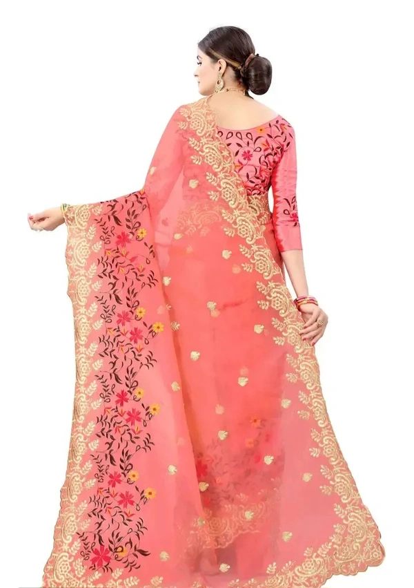 Neha Collection Organza Embroidered Sarees with Blouse Piece - Peach