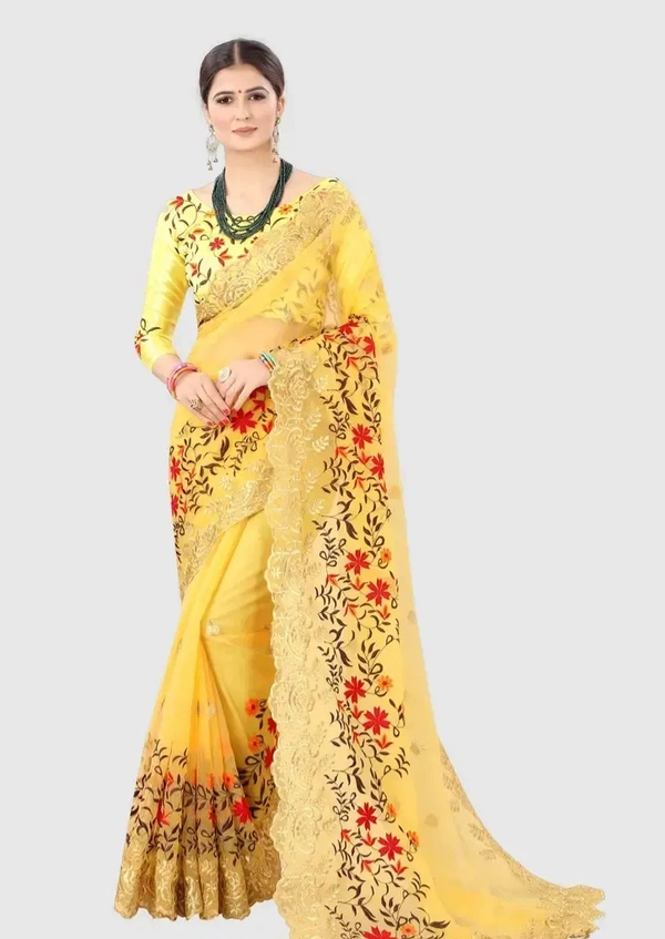 Neha Collection Women's Yellow Organza Saree with Blouse Piece - Yellow