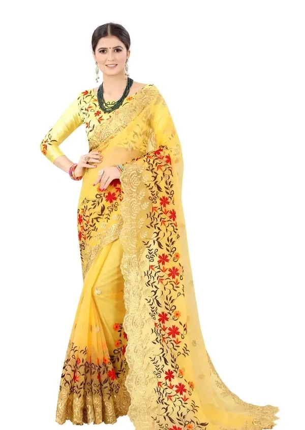 Neha Collection Women's Yellow Organza Saree with Blouse Piece - Yellow