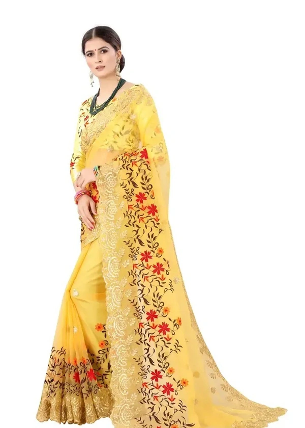 Neha Collection Women's Yellow Organza Saree with Blouse Piece - Yellow
