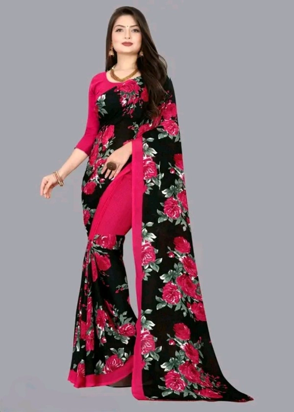 Georgette Floral Print Printed Saree With Unstithed Blouse - Radical Red