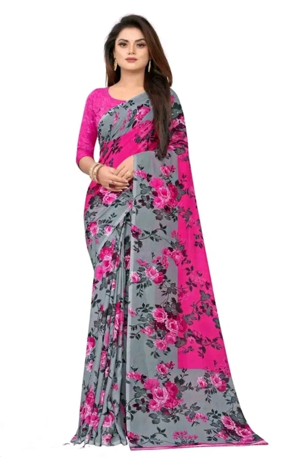Georgette Floral Print Printed Saree With Unstithed Blouse - Pink
